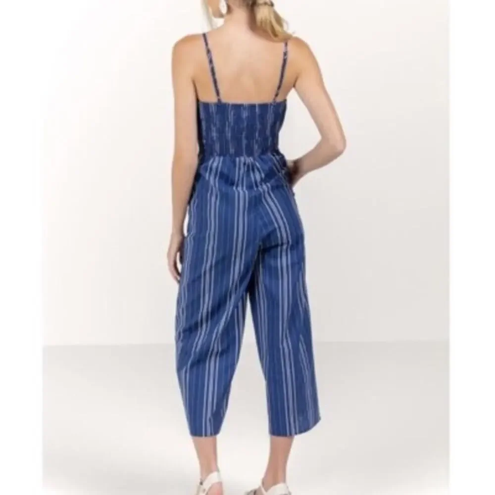 Harper Heritage Blue Linen Striped Jumpsuit Large Wide Leg
